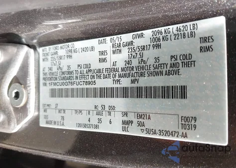 2015 Ford Escape Se из США, поврежденный, VIN 1FMCU0G76FUC78905